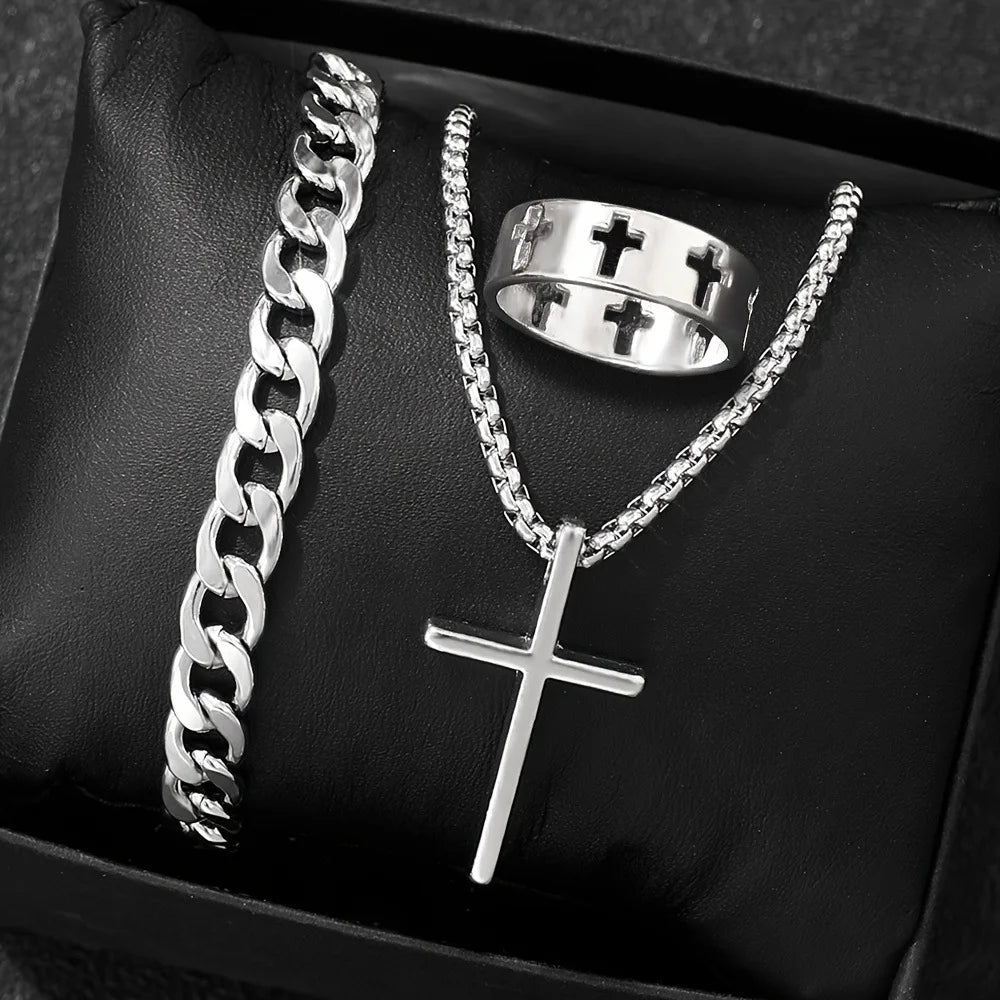 Cross-Style Accessories Set Bracelet Necklace Ring 3 Pieces Stainless Steel Elegant Suitable Both Men Women Fashionable Gift Set