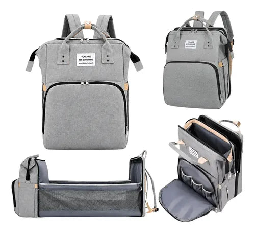 Mochila Maternal Multifunción con Cuna Cambiador y Bolsillos Térmicos – Gris