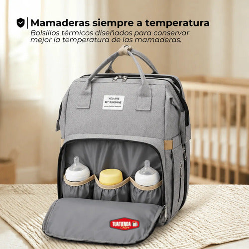 Mochila Maternal Multifunción con Cuna Cambiador y Bolsillos Térmicos – Gris