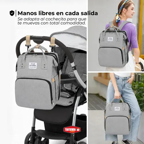 Mochila Maternal Multifunción con Cuna Cambiador y Bolsillos Térmicos – Gris