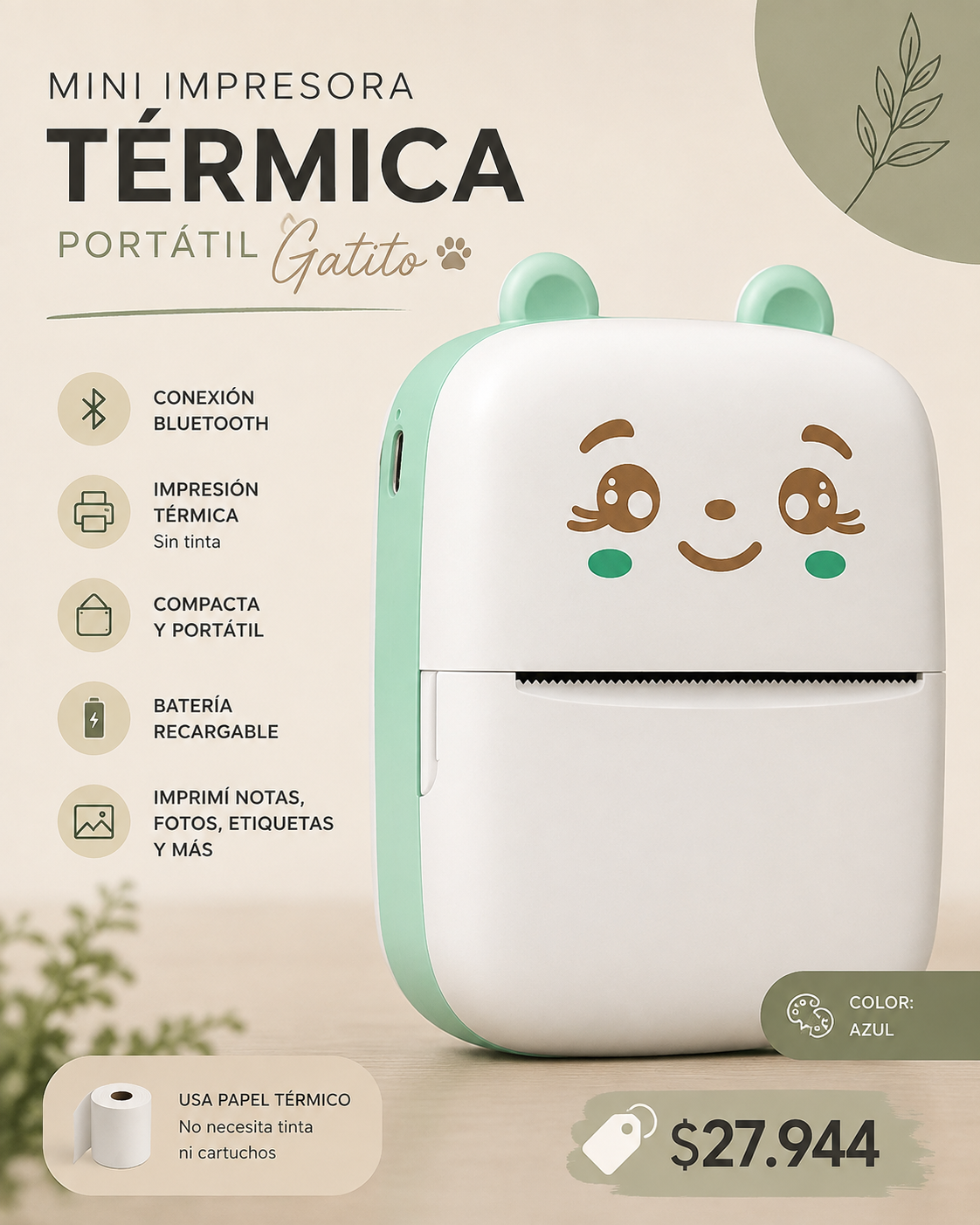 Mini Impresora Térmica Bluetooth Portátil — Gatito