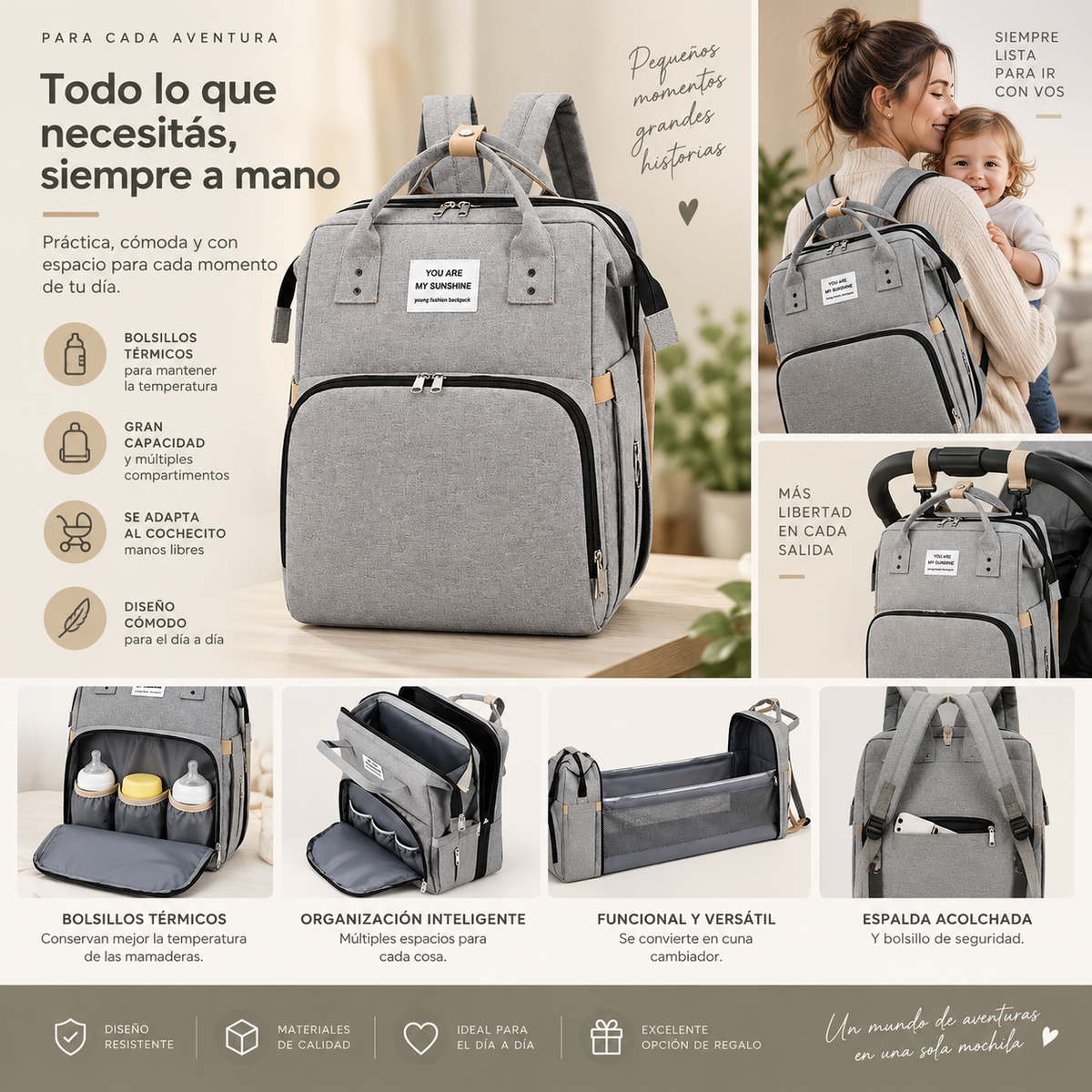 Mochila Maternal Multifunción con Cuna Cambiador y Bolsillos Térmicos – Gris
