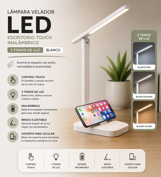 Lampara Velador Led Escritorio Touch Inalambrico 3 Tonos Blanco