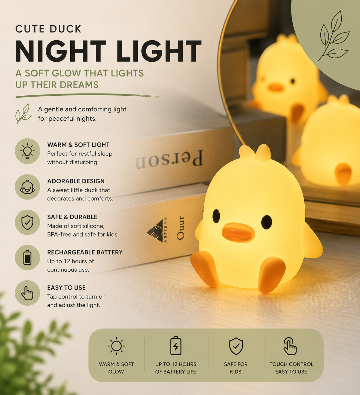 Cute Duck Night Light – Adorable Bedside Lamp for Kids & Baby Rooms