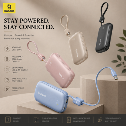 Baseus 45W Fast Charging Power Bank – 10,000mAh / 20,000mAh Portable Battery with Detachable USB-C & Lightning Cable for iPhone, iPad & USB-C Devices