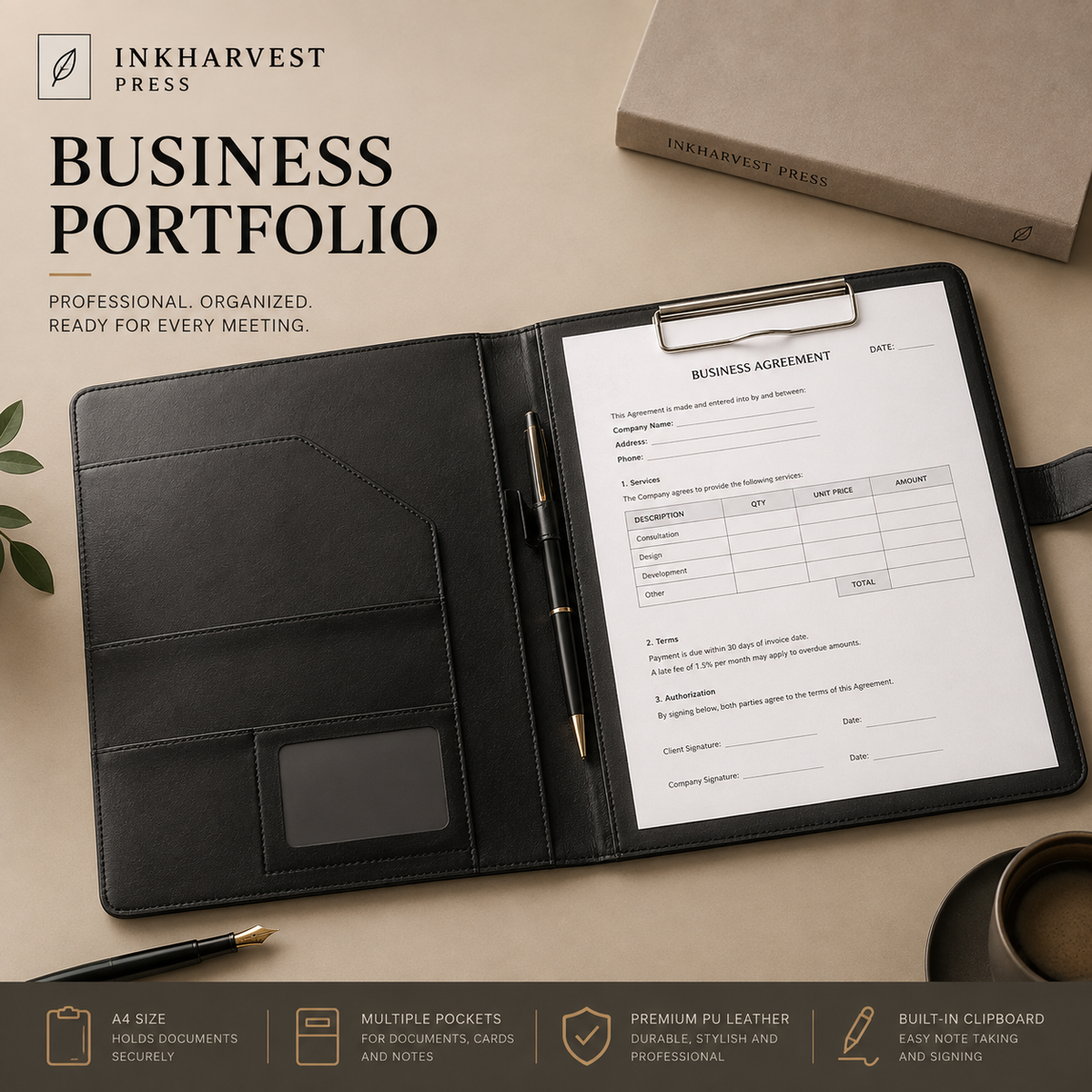 Premium A4 Business Portfolio Folder – PU Leather Clipboard, Document Organizer & Conference Padfolio for Office, Meetings & Interviews