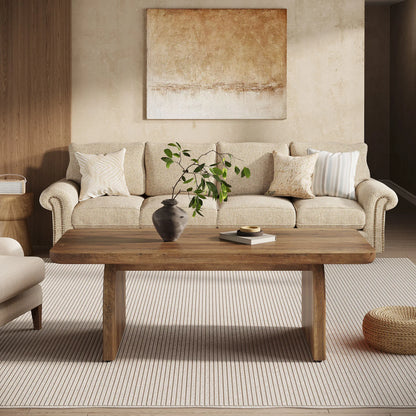 US Local 47 Inch Farmhouse Rectangular Coffee Table Wooden Rounded Corners Modern Low Center Side Table for Living Room