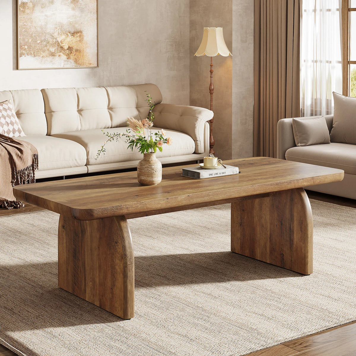 US Local 47 Inch Farmhouse Rectangular Coffee Table Wooden Rounded Corners Modern Low Center Side Table for Living Room
