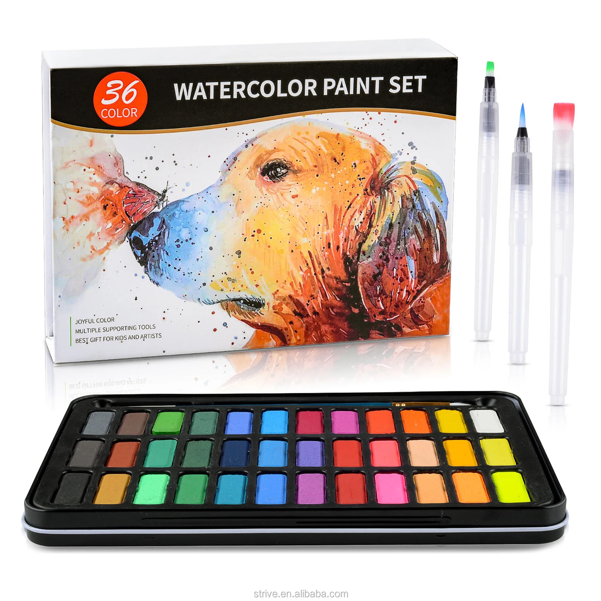 36 Colors Solid Watercolor Paint Set with 8-Piece 300g Watercolor Pad Paper Water Brush Pens in Tin Box