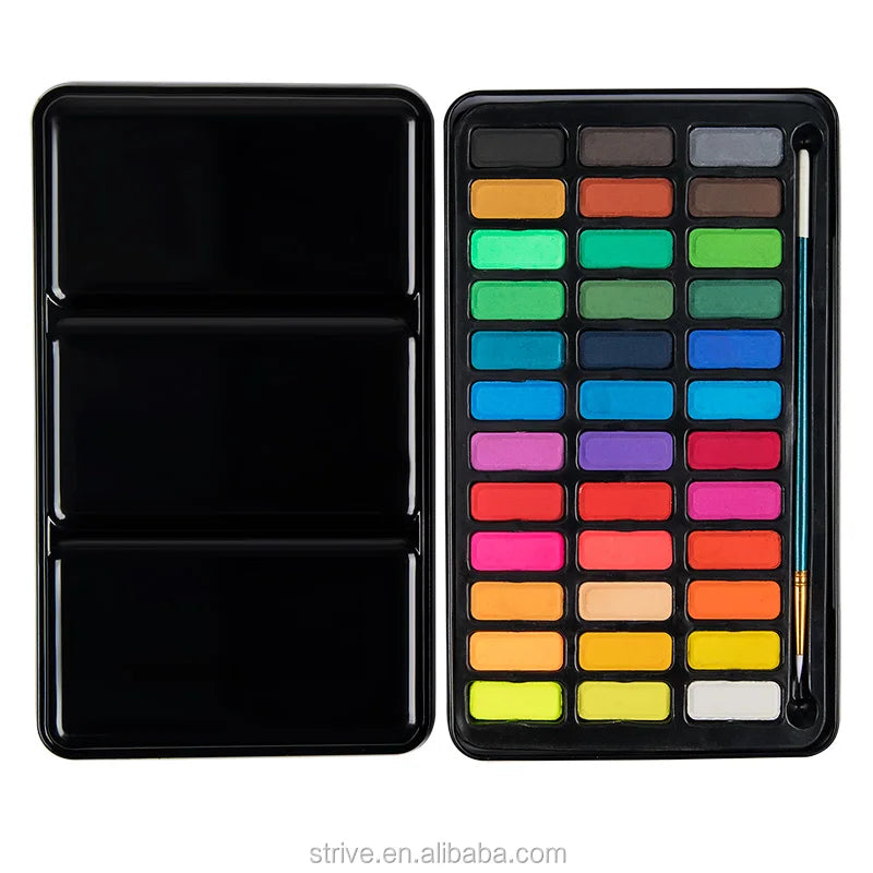36 Colors Solid Watercolor Paint Set with 8-Piece 300g Watercolor Pad Paper Water Brush Pens in Tin Box