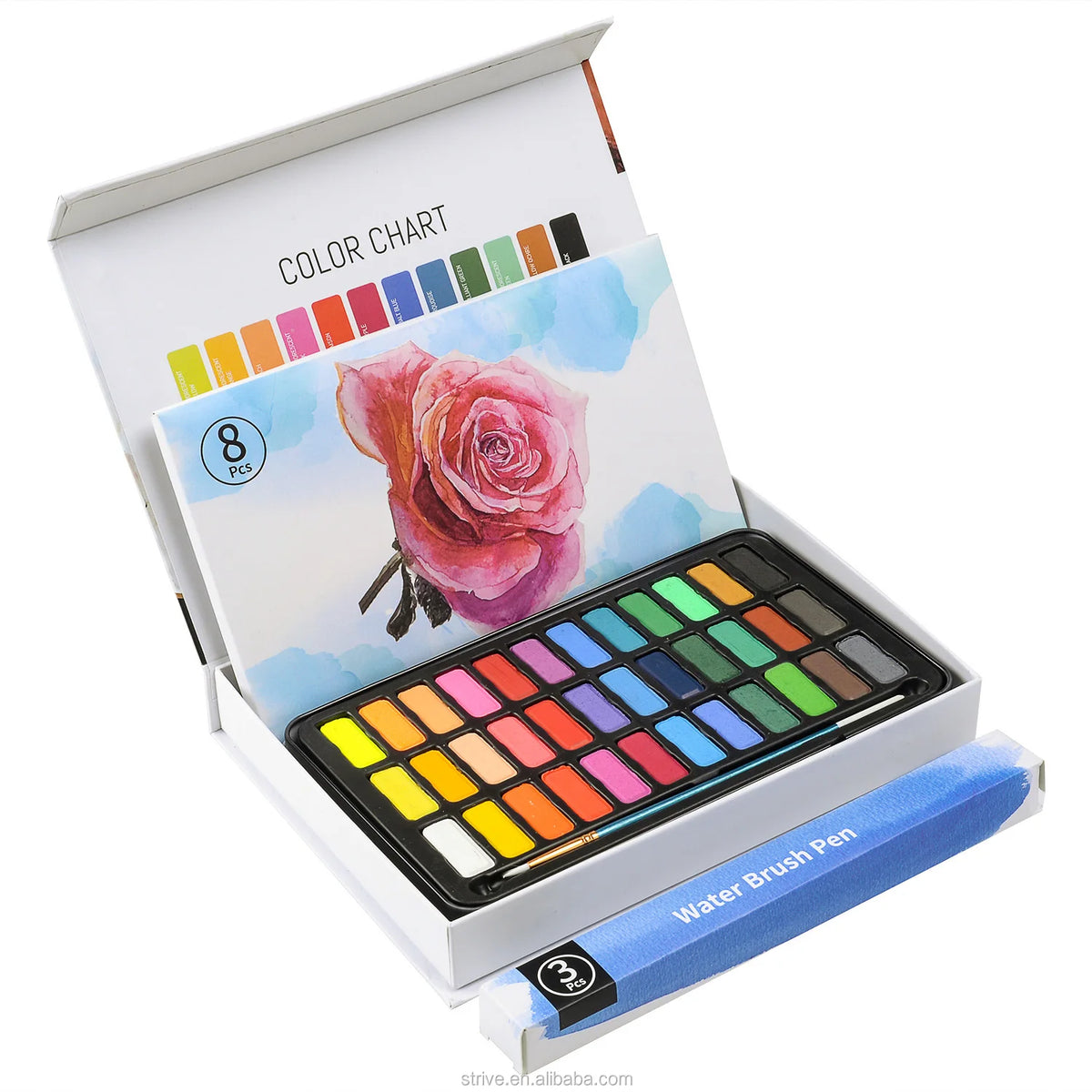 36 Colors Solid Watercolor Paint Set with 8-Piece 300g Watercolor Pad Paper Water Brush Pens in Tin Box