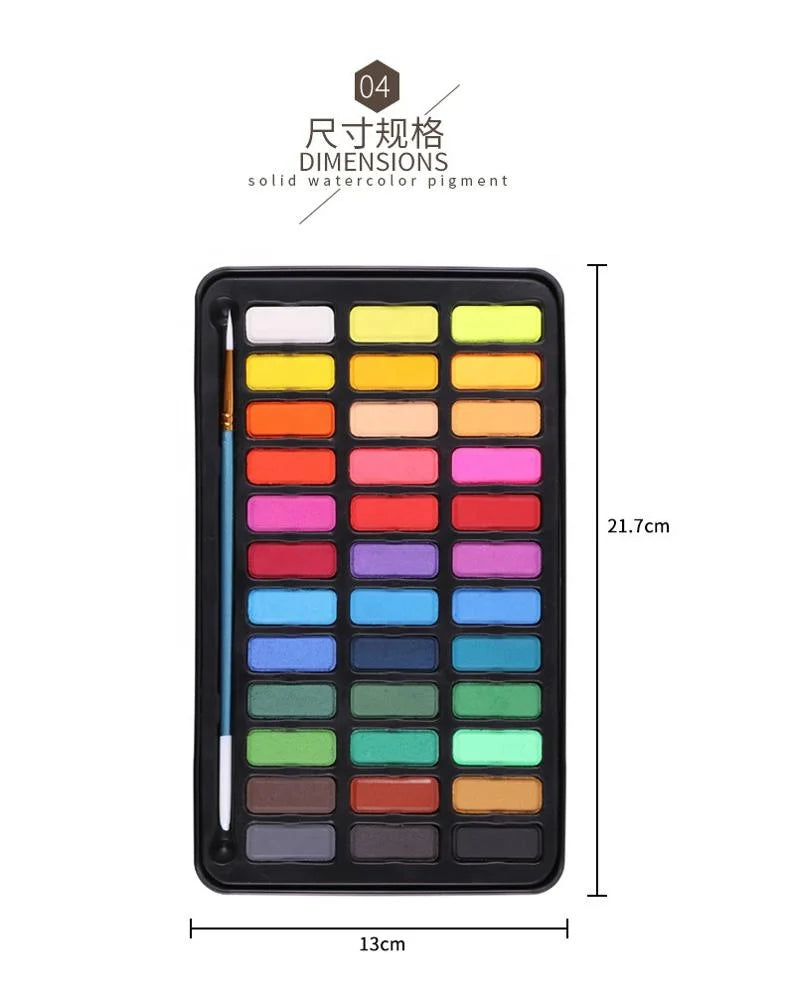 36 Colors Solid Watercolor Paint Set with 8-Piece 300g Watercolor Pad Paper Water Brush Pens in Tin Box