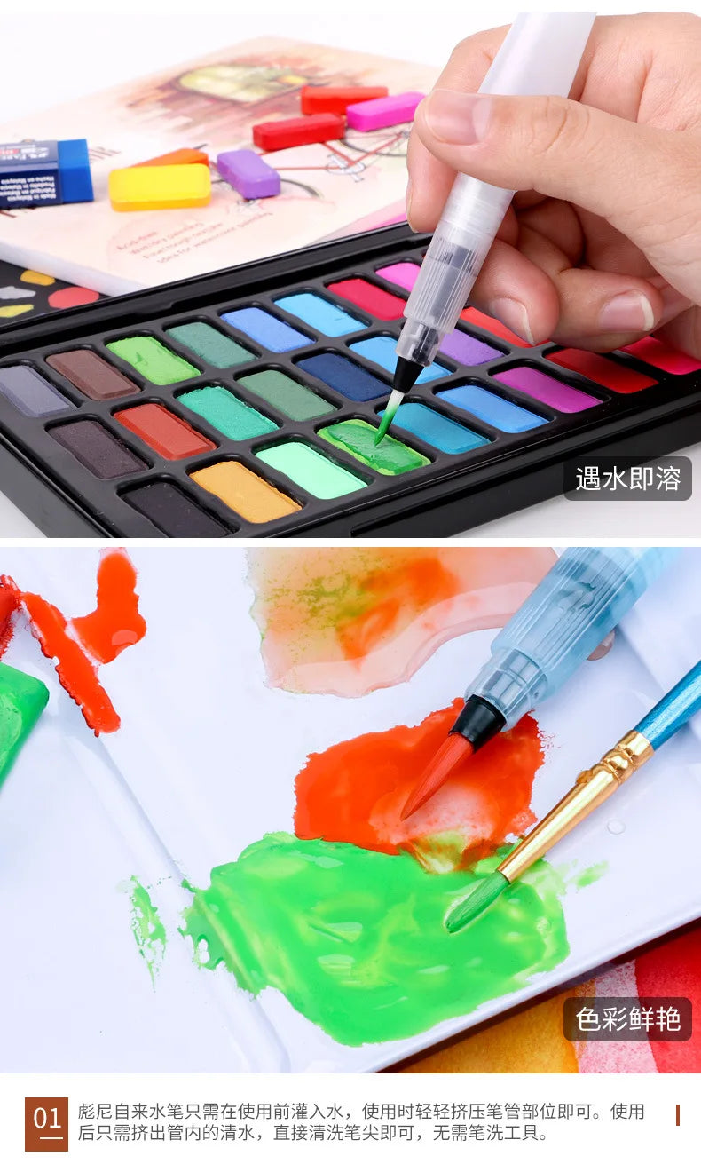 36 Colors Solid Watercolor Paint Set with 8-Piece 300g Watercolor Pad Paper Water Brush Pens in Tin Box