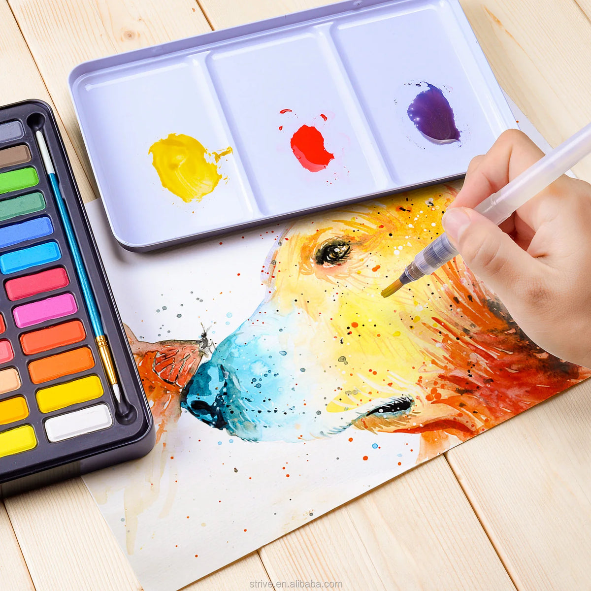36 Colors Solid Watercolor Paint Set with 8-Piece 300g Watercolor Pad Paper Water Brush Pens in Tin Box