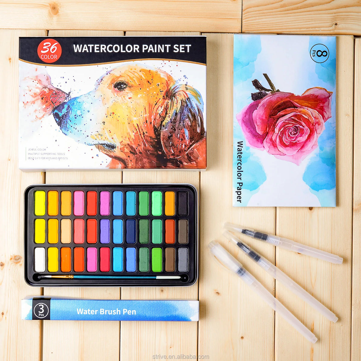 36 Colors Solid Watercolor Paint Set with 8-Piece 300g Watercolor Pad Paper Water Brush Pens in Tin Box