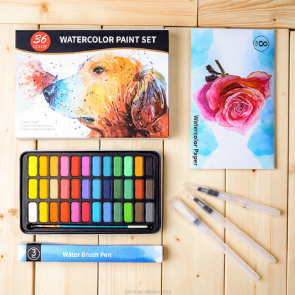 36 Colors Solid Watercolor Paint Set with 8-Piece 300g Watercolor Pad Paper Water Brush Pens in Tin Box