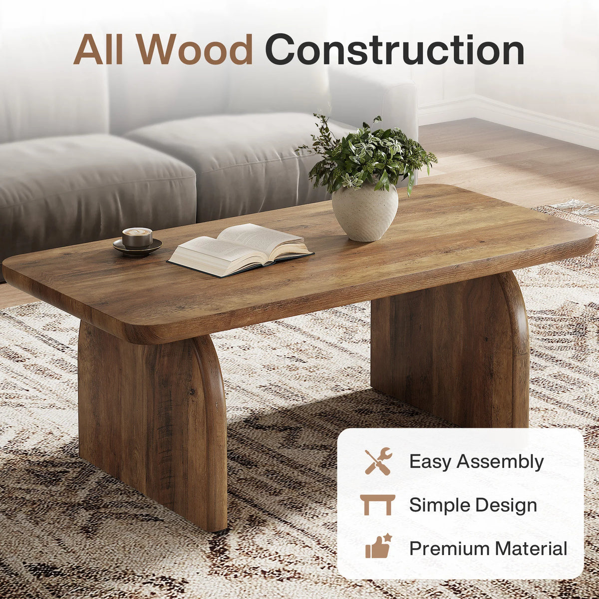US Local 47 Inch Farmhouse Rectangular Coffee Table Wooden Rounded Corners Modern Low Center Side Table for Living Room