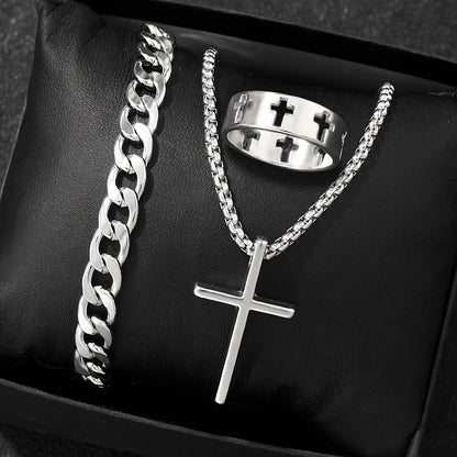 Cross-Style Accessories Set Bracelet Necklace Ring 3 Pieces Stainless Steel Elegant Suitable Both Men Women Fashionable Gift Set