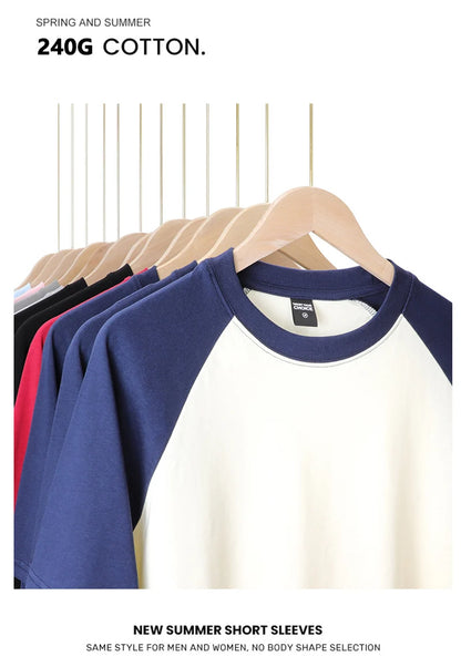 Oversize Men's T-Shirt Heavy 240g Pure Cotton Short-Sleeved Men T-Shirt Casual Loose Tops Tees Contrasting Color Man T Shirt