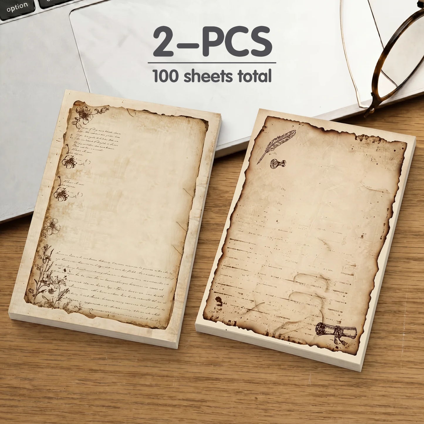 2 pcs Vintage Style Sticky Notes, 100 Sheets Total, 100 x 70 mm / 3.93 x 2.75 Inch, Self-Adhesive Reminder Notes for Office