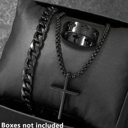 Cross-Style Accessories Set Bracelet Necklace Ring 3 Pieces Stainless Steel Elegant Suitable Both Men Women Fashionable Gift Set
