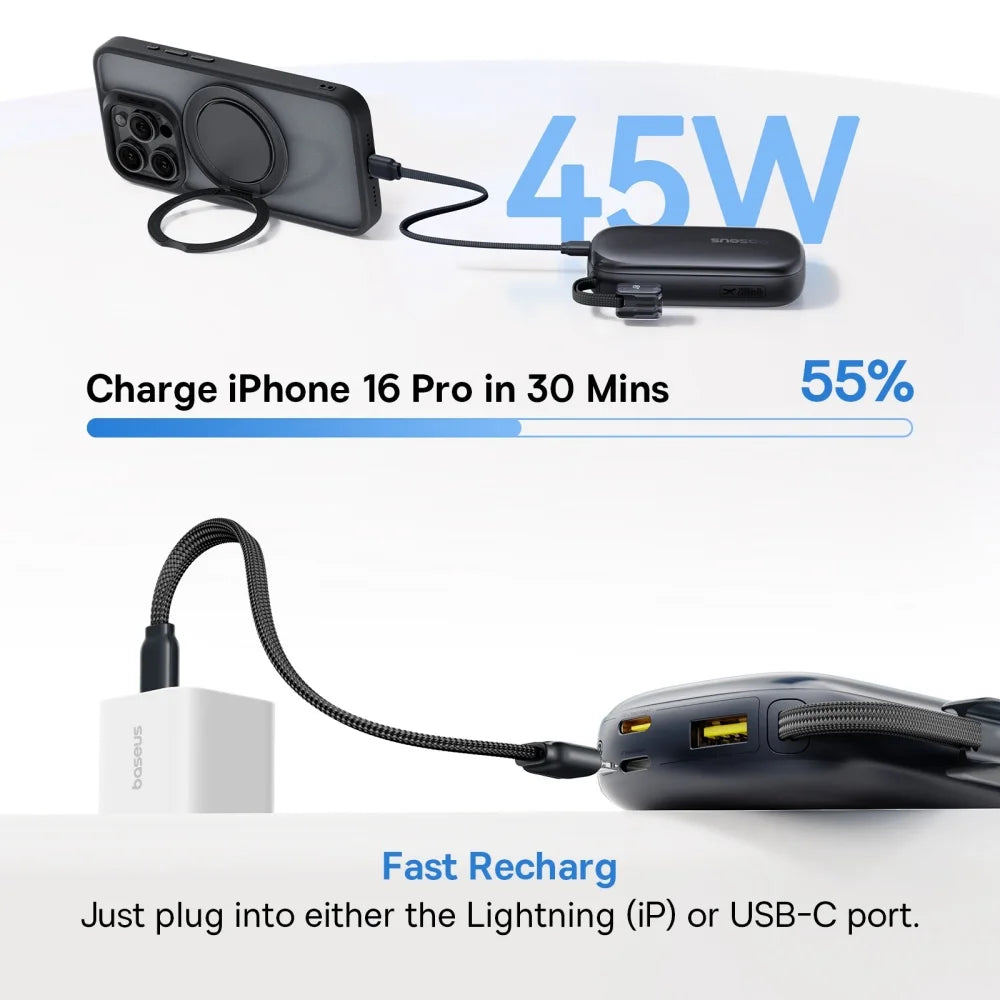 Baseus 45W Fast Charging Power Bank – 10,000mAh / 20,000mAh Portable Battery with Detachable USB-C & Lightning Cable for iPhone, iPad & USB-C Devices