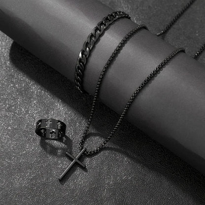 Cross-Style Accessories Set Bracelet Necklace Ring 3 Pieces Stainless Steel Elegant Suitable Both Men Women Fashionable Gift Set