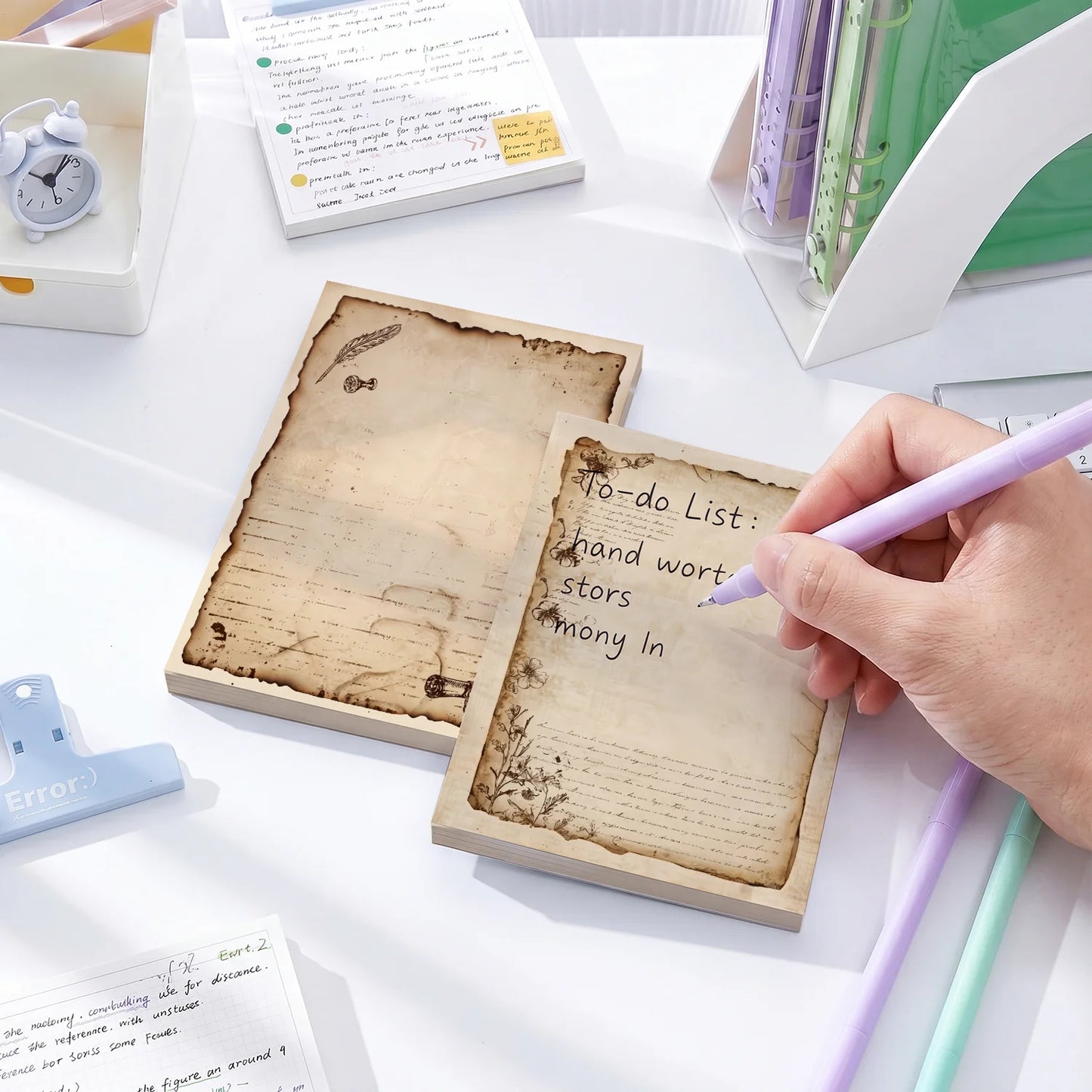 2 pcs Vintage Style Sticky Notes, 100 Sheets Total, 100 x 70 mm / 3.93 x 2.75 Inch, Self-Adhesive Reminder Notes for Office