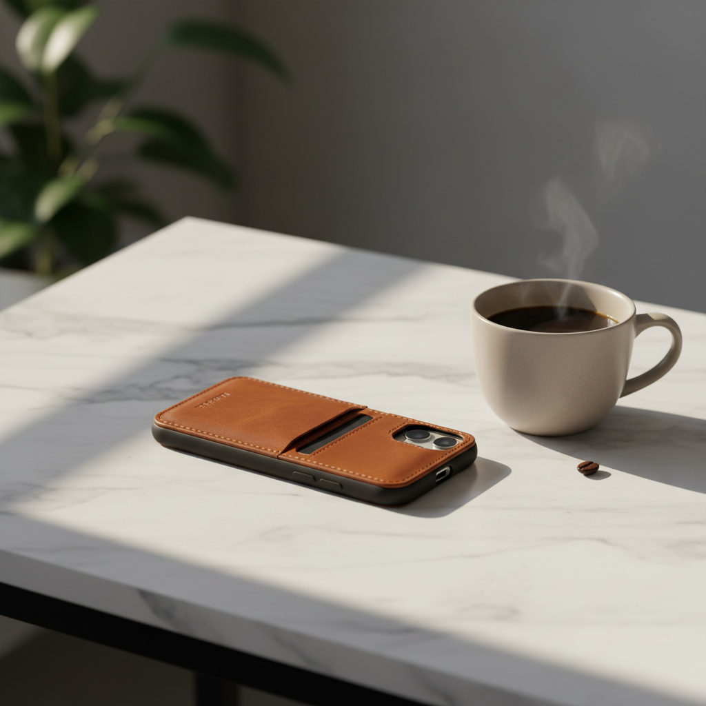 Funda de cuero marrón para iPhone con billetera magnética sobre escritorio de mármol
