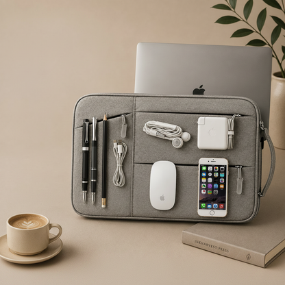 Slim gray laptop sleeve on wooden desk with MacBook and coffee