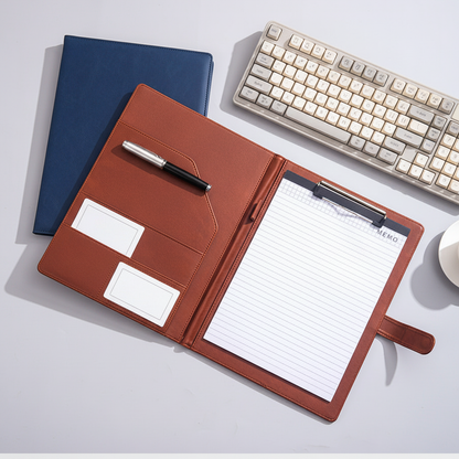 Premium brown leather A4 executive folder open on office desk
